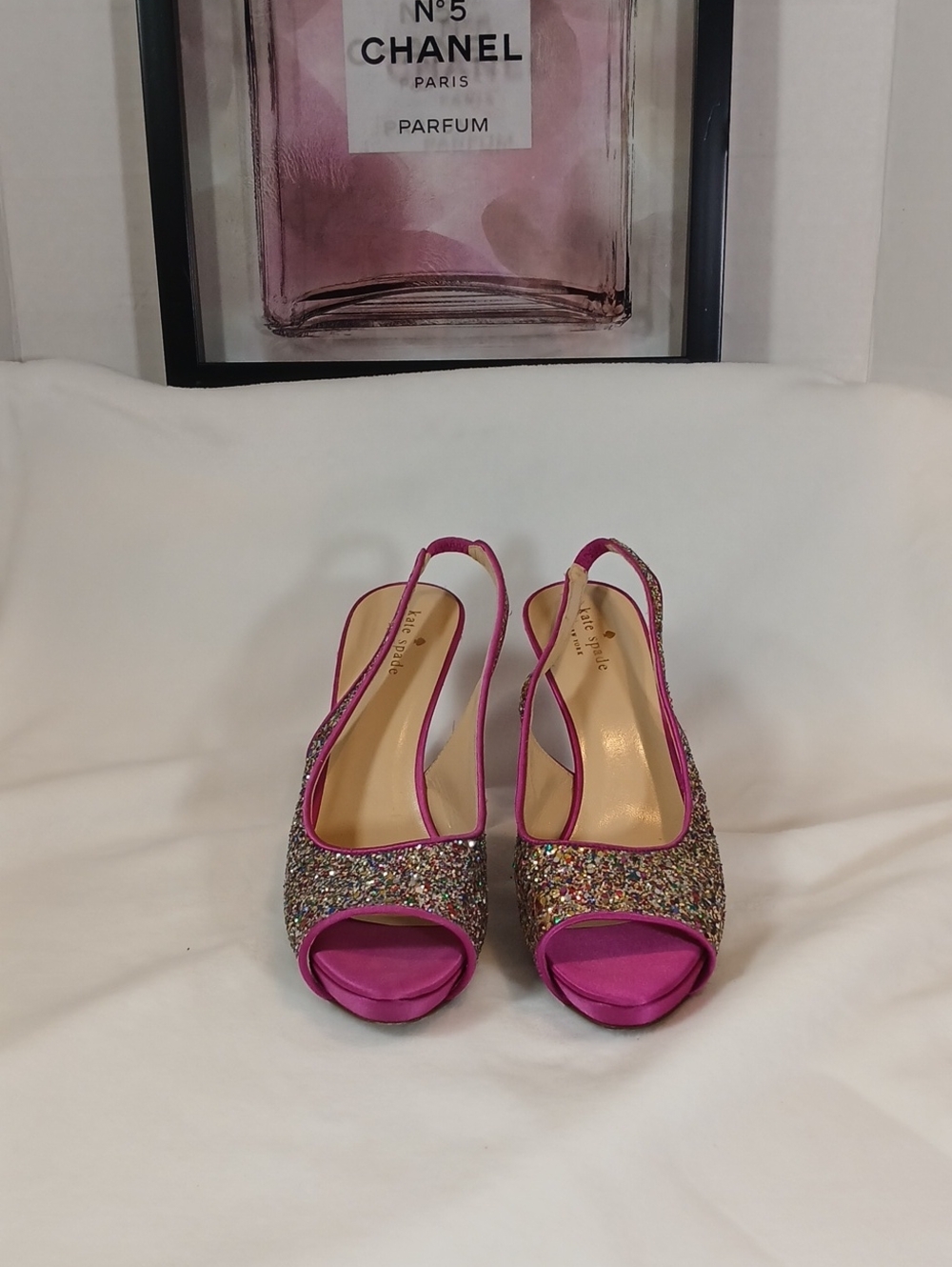 Vintage Kate Spade Hot Pink Multicolor Glitter Slingback Peep-Toe Heels Sz 8.5